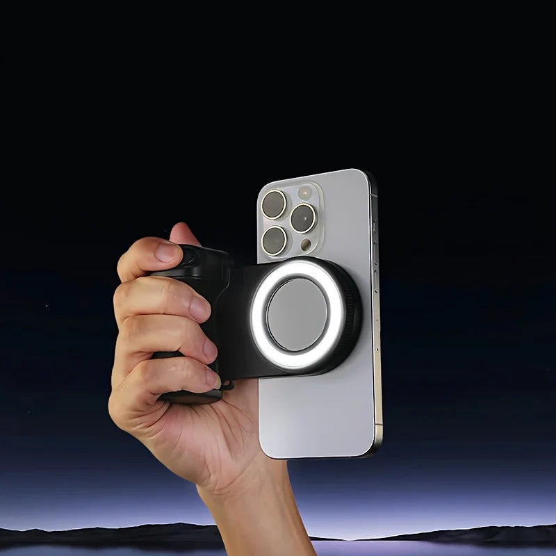 Grip MagSafe 2025 con Disparador Bluetooth y Luz LED – Estabilizador Foto/Vídeo para iPhone y Android
