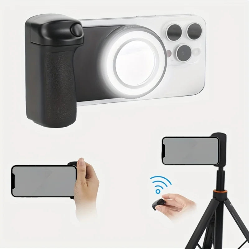 Grip MagSafe 2025 con Disparador Bluetooth y Luz LED – Estabilizador Foto/Vídeo para iPhone y Android